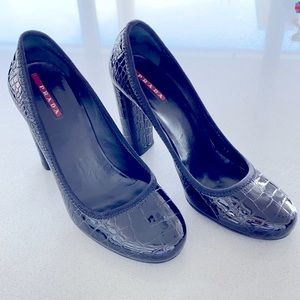 Prada square heel patent snake pump